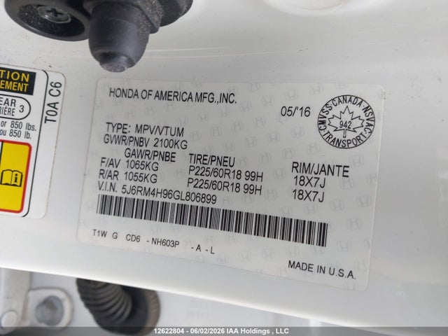 Продаж на аукціоні авто 2016 Honda Cr-v Touring, vin: 5J6RM4H96GL806899, номер лоту: 12622804