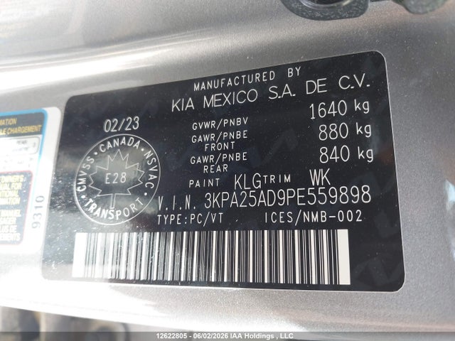 12622805 :رقم المزاد ، 3KPA25AD9PE559898 vin ، 2023 Kia Rio Lx Premium/lx+ مزاد بيع