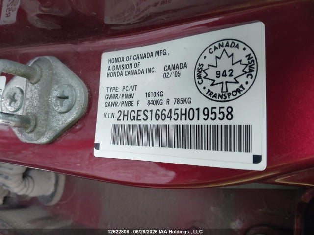 2005 Honda Civic Lx-g მანქანა იყიდება აუქციონზე, vin: 2HGES16645H019558, აუქციონის ნომერი: 12622808