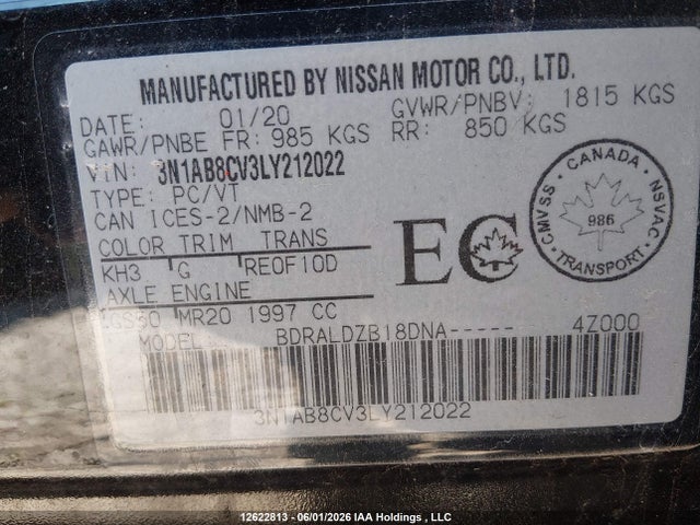 12622813 :رقم المزاد ، 3N1AB8CV3LY212022 vin ، 2020 Nissan Sentra Sv مزاد بيع