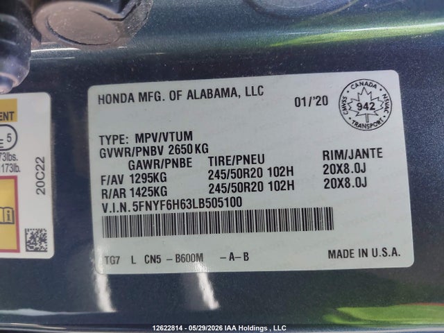 2020 Honda Pilot Touring 7p მანქანა იყიდება აუქციონზე, vin: 5FNYF6H63LB505100, აუქციონის ნომერი: 12622814