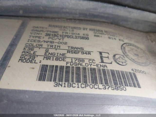 Aukcja sprzedaży 2012 Nissan Versa S/sl, vin: 3N1BC1CP0CL375850, numer aukcji: 12622820