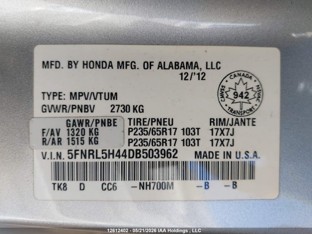 Aukcja sprzedaży 2013 Honda Odyssey Ex, vin: 5FNRL5H44DB503962, numer aukcji: 12612402