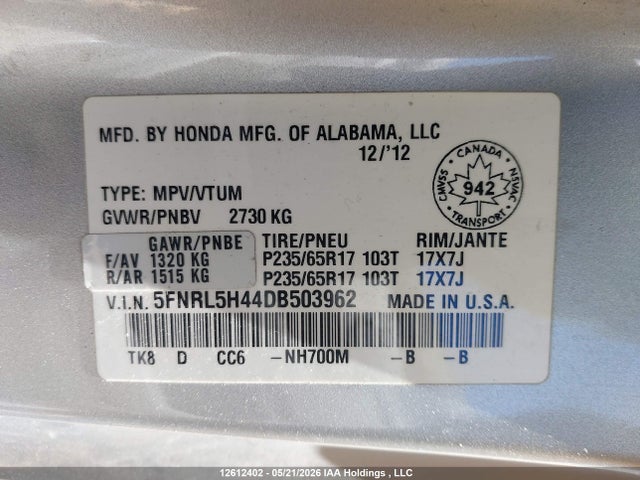 Aukcja sprzedaży 2013 Honda Odyssey Ex, vin: 5FNRL5H44DB503962, numer aukcji: 12612402