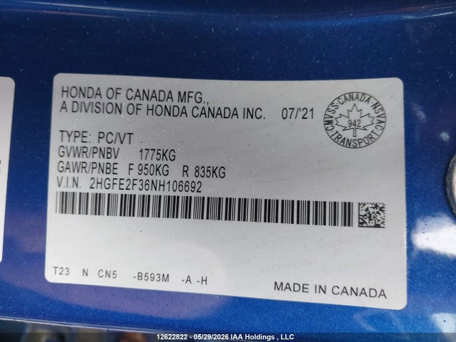 Продажа на аукционе авто 2022 Honda Civic Ex, vin: 2HGFE2F36NH106692, номер лота: 12622822