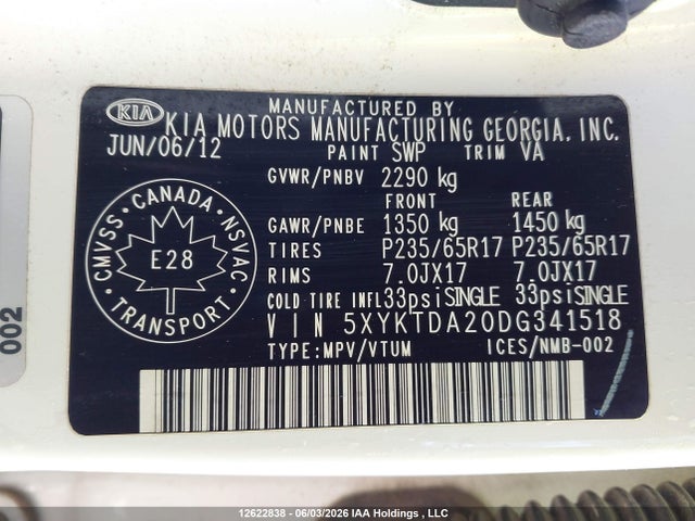 Aukcja sprzedaży 2013 Kia Sorento Lx V6, vin: 5XYKTDA20DG341518, numer aukcji: 12622838