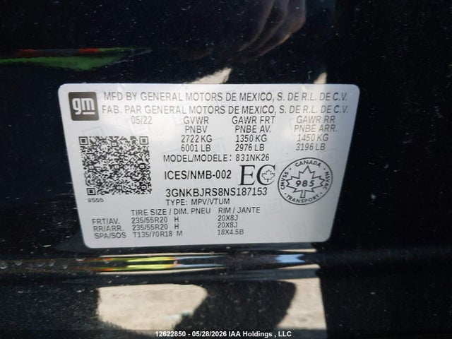 12622850 :رقم المزاد ، 3GNKBJRS8NS187153 vin ، 2022 Chevrolet Blazer 3lt مزاد بيع