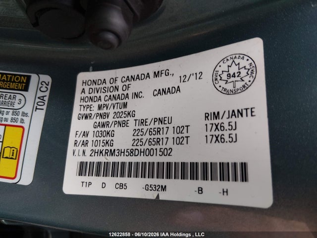 Aukcja sprzedaży 2013 Honda Cr-v Ex, vin: 2HKRM3H58DH001502, numer aukcji: 12622858