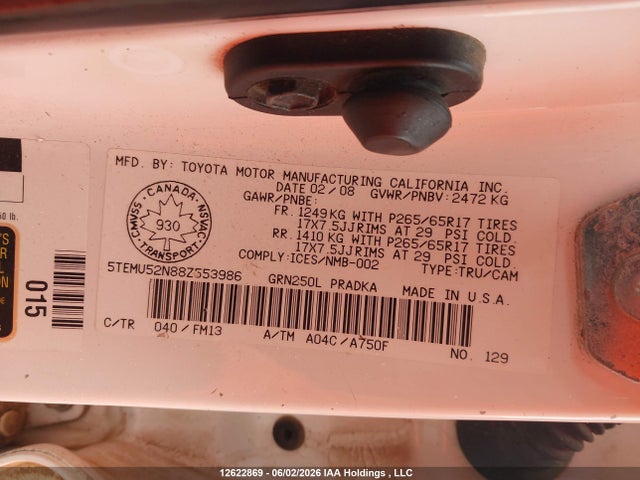 2008 Toyota Tacoma Double Cab Long Bed მანქანა იყიდება აუქციონზე, vin: 5TEMU52N88Z553986, აუქციონის ნომერი: 12622869