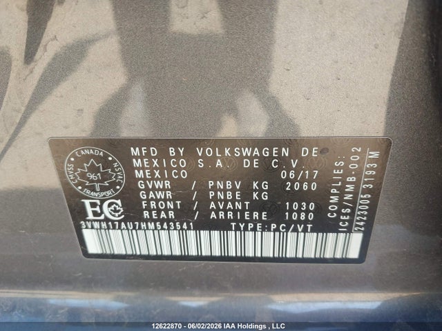 12622870 :رقم المزاد ، 3VWH17AU7HM543541 vin ، 2017 Volkswagen Golf Alltrack 1.8 Tsi مزاد بيع