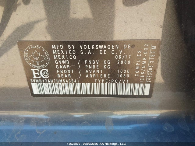 12622870 :رقم المزاد ، 3VWH17AU7HM543541 vin ، 2017 Volkswagen Golf Alltrack 1.8 Tsi مزاد بيع