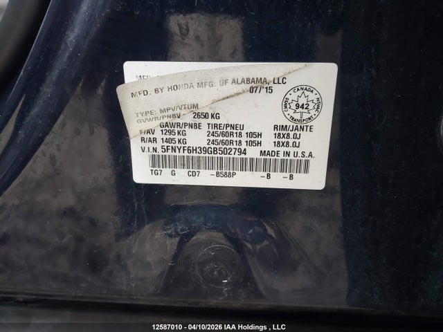 12587010 :رقم المزاد ، 5FNYF6H39GB502794 vin ، 2016 Honda Pilot Ex مزاد بيع