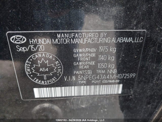 12602153 :رقم المزاد ، 5NPEG4JA4MH072599 vin ، 2021 Hyundai Sonata Preferred مزاد بيع