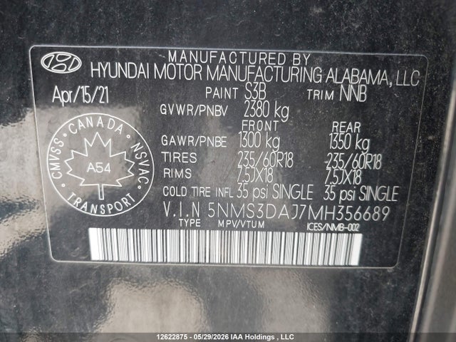 Продажа на аукционе авто 2021 Hyundai Santa Fe Sel, vin: 5NMS3DAJ7MH356689, номер лота: 12622875