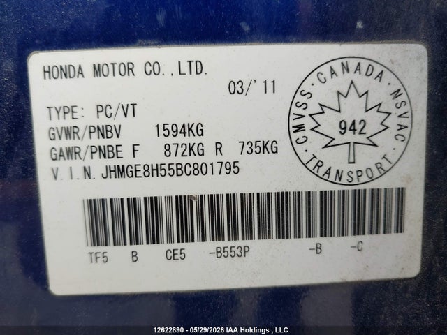 12622890 :رقم المزاد ، JHMGE8H55BC801795 vin ، 2011 Honda Fit Lx مزاد بيع