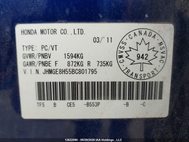 12622890 :رقم المزاد ، JHMGE8H55BC801795 vin ، 2011 Honda Fit Lx مزاد بيع
