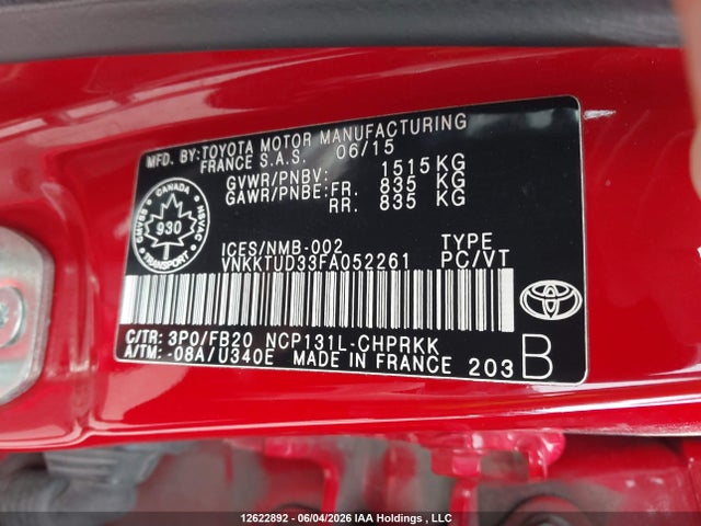Aukcja sprzedaży 2015 Toyota Yaris Le, vin: VNKKTUD33FA052261, numer aukcji: 12622892