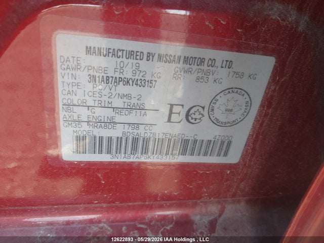 12622893 :رقم المزاد ، 3N1AB7AP6KY433157 vin ، 2019 Nissan Sentra 1.8 S/1.8 Sv مزاد بيع