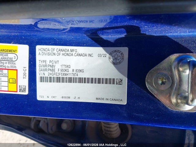 Aukcja sprzedaży 2022 Honda Civic Sport, vin: 2HGFE2F5XNH117874, numer aukcji: 12622894