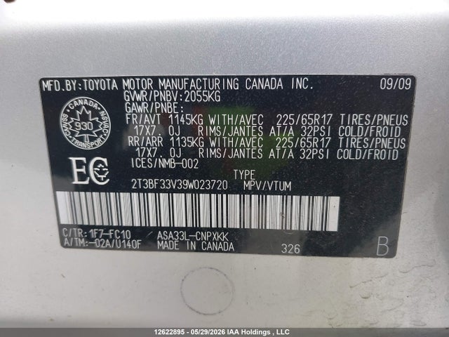 12622895 :رقم المزاد ، 2T3BF33V39W023720 vin ، 2009 Toyota Rav4 مزاد بيع