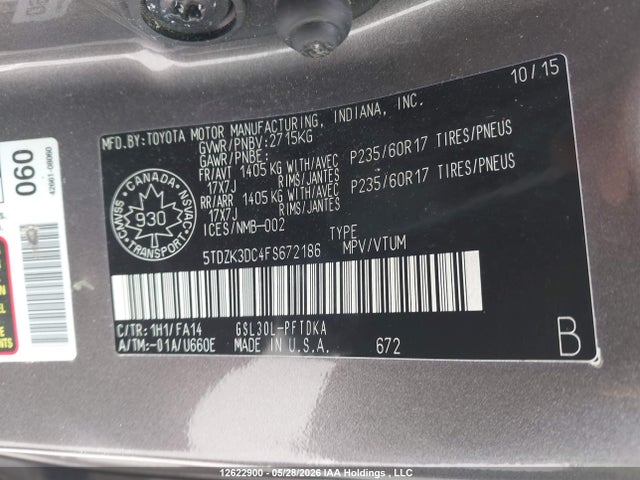 2015 Toyota Sienna მანქანა იყიდება აუქციონზე, vin: 5TDZK3DC4FS672186, აუქციონის ნომერი: 12622900