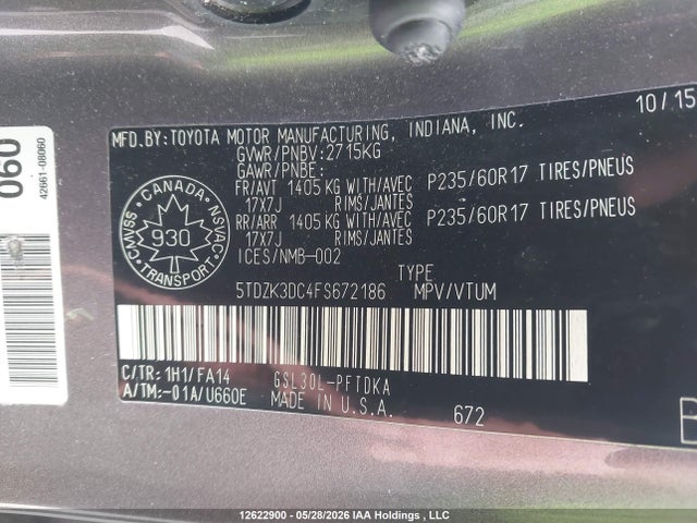 2015 Toyota Sienna მანქანა იყიდება აუქციონზე, vin: 5TDZK3DC4FS672186, აუქციონის ნომერი: 12622900