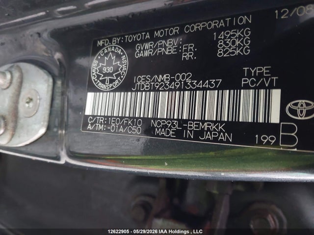 12622905 :رقم المزاد ، JTDBT923491334437 vin ، 2009 Toyota Yaris مزاد بيع