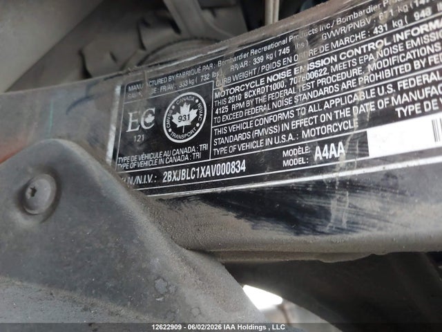 2010 Can-am Spyder Roadster Rt მანქანა იყიდება აუქციონზე, vin: 2BXJBLC1XAV000834, აუქციონის ნომერი: 12622909