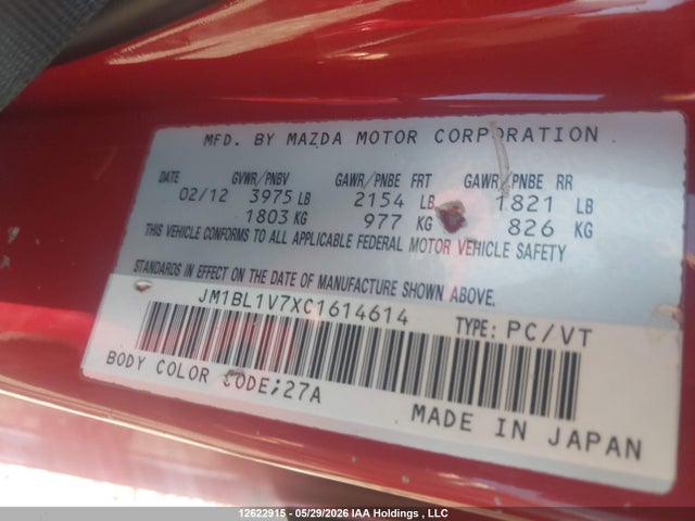 12622915 :رقم المزاد ، JM1BL1V7XC1614614 vin ، 2012 Mazda 3 I مزاد بيع