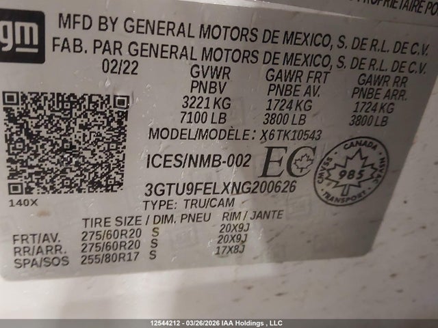 Aukcja sprzedaży 2022 Gmc Sierra 1500 Limited Denali, vin: 3GTU9FELXNG200626, numer aukcji: 12544212