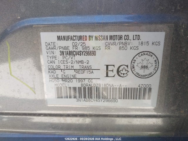 Продаж на аукціоні авто 2025 Nissan Sentra Sv, vin: 3N1AB8CV4SY296690, номер лоту: 12622926