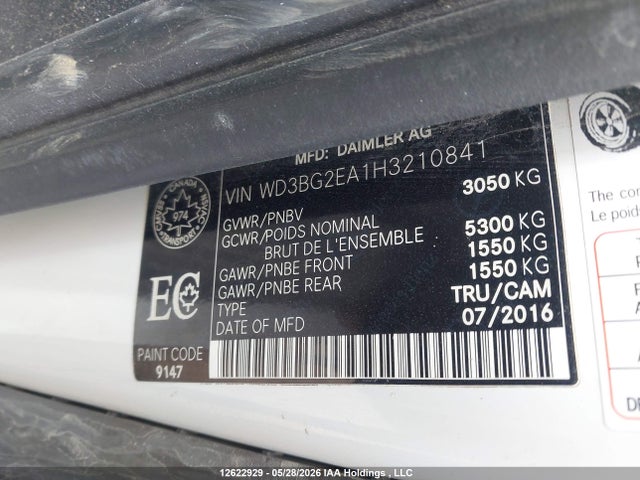 12622929 :رقم المزاد ، WD3BG2EA1H3210841 vin ، 2017 Mercedes-benz Metris مزاد بيع