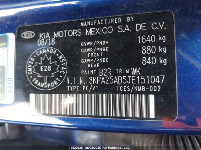 12622938 :رقم المزاد ، 3KPA25AB5JE151047 vin ، 2018 Kia Rio مزاد بيع