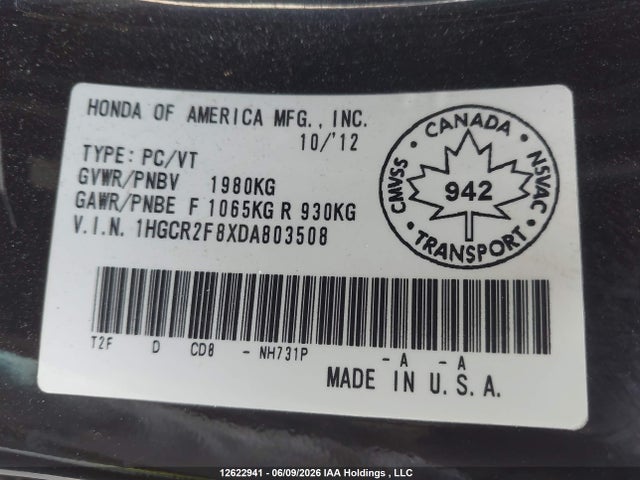 12622941 :رقم المزاد ، 1HGCR2F8XDA803508 vin ، 2013 Honda Accord Ex-l مزاد بيع