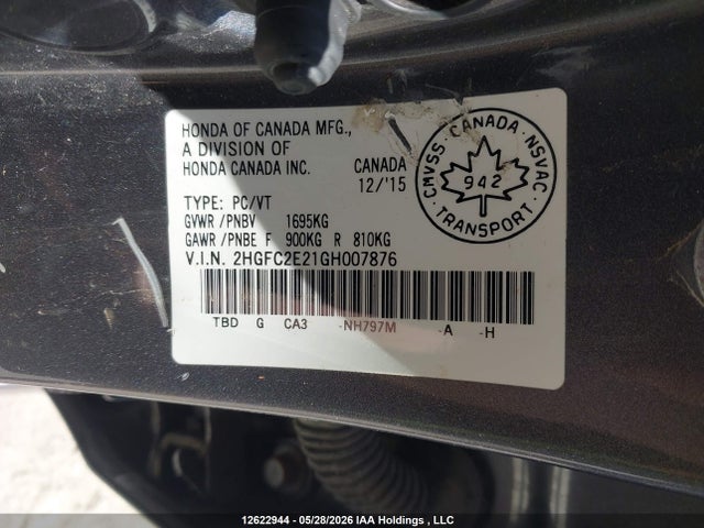 12622944 :رقم المزاد ، 2HGFC2E21GH007876 vin ، 2016 Honda Civic Dx مزاد بيع