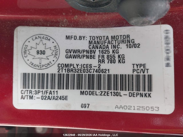 12622948 :رقم المزاد ، 2T1BR32E03C740621 vin ، 2003 Toyota Corolla Ce/le/s مزاد بيع