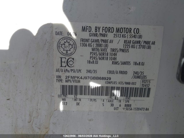 Продажа на аукционе авто 2016 Ford Edge Sel, vin: 2FMPK4J97GBB68929, номер лота: 12622956