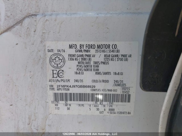 Продажа на аукционе авто 2016 Ford Edge Sel, vin: 2FMPK4J97GBB68929, номер лота: 12622956