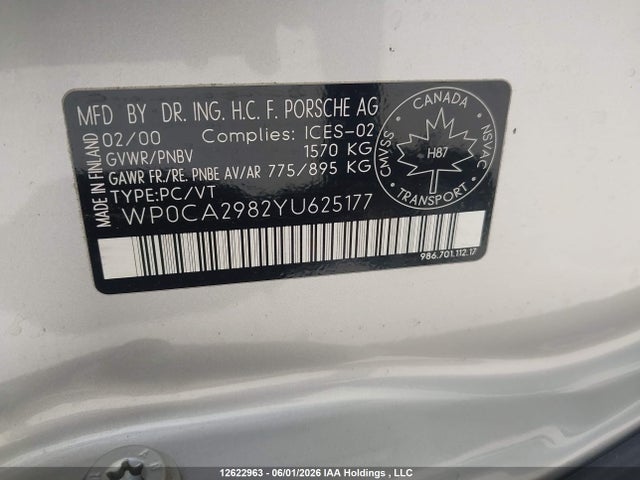 2000 Porsche Boxster მანქანა იყიდება აუქციონზე, vin: WP0CA2982YU625177, აუქციონის ნომერი: 12622963