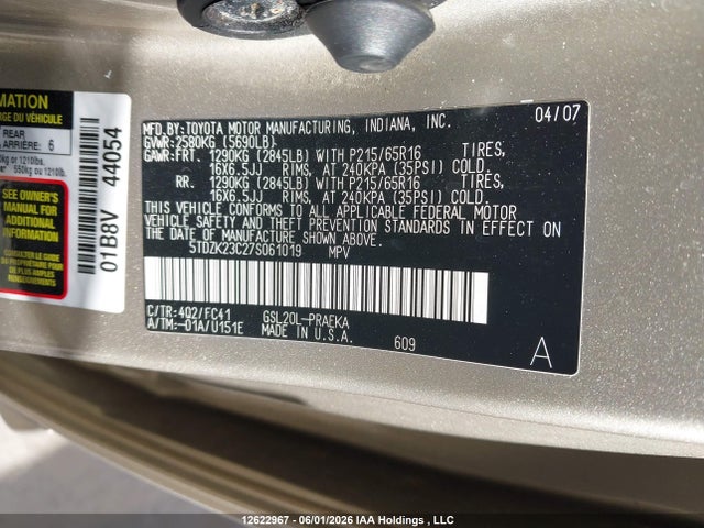 2007 Toyota Sienna Le მანქანა იყიდება აუქციონზე, vin: 5TDZK23C27S061019, აუქციონის ნომერი: 12622967
