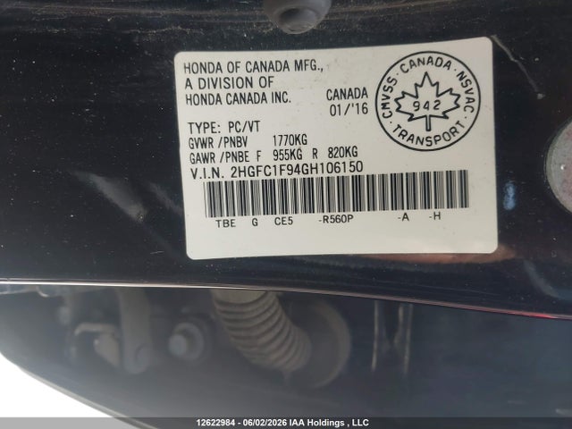 12622984 :رقم المزاد ، 2HGFC1F94GH106150 vin ، 2016 Honda Civic Touring مزاد بيع