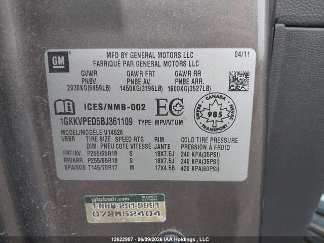 2011 Gmc Acadia Sle მანქანა იყიდება აუქციონზე, vin: 1GKKVPED5BJ361109, აუქციონის ნომერი: 12622987