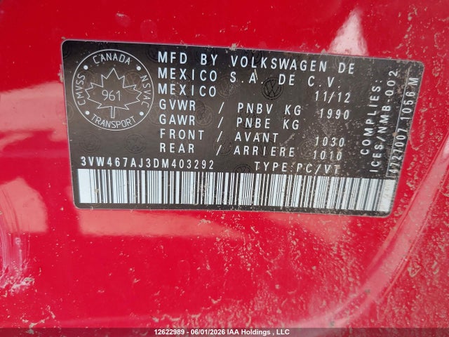 12622989 :رقم المزاد ، 3VW467AJ3DM403292 vin ، 2013 Volkswagen Jetta Gli مزاد بيع