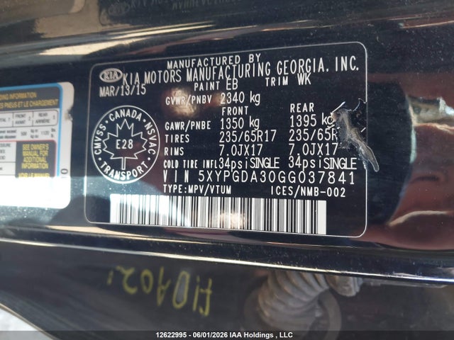 Auction sale of the 2016 Kia Sorento, vin: 5XYPGDA30GG037841, lot number: 12622995