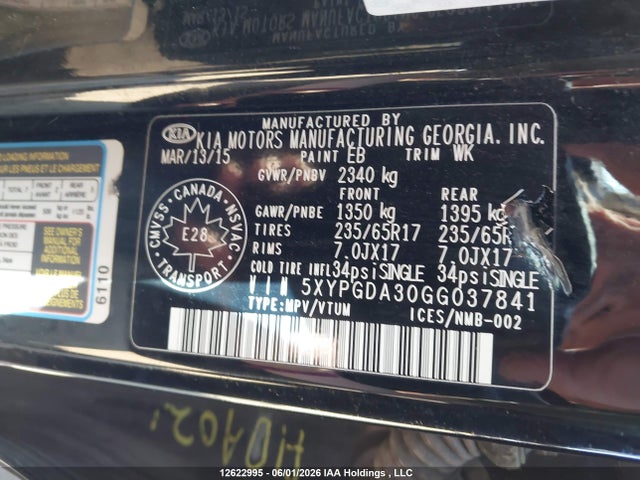 Auction sale of the 2016 Kia Sorento, vin: 5XYPGDA30GG037841, lot number: 12622995