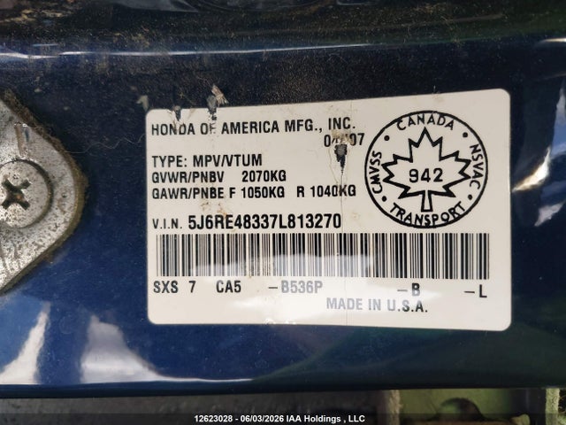 12623028 :رقم المزاد ، 5J6RE48337L813270 vin ، 2007 Honda Cr-v Lx مزاد بيع