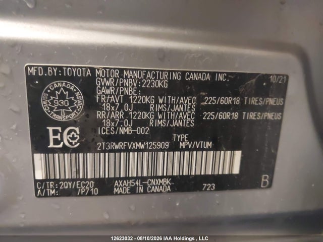 2T3RWRFVXMW125909 Toyota Rav4 Hybrid Xle