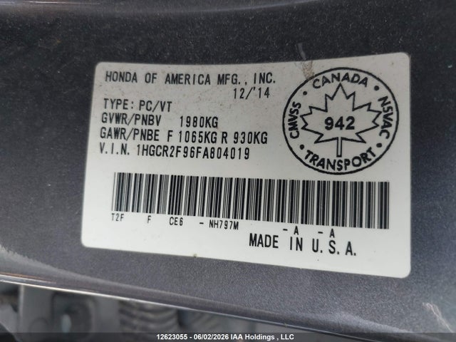 Продажа на аукционе авто 2015 Honda Accord Touring, vin: 1HGCR2F96FA804019, номер лота: 12623055