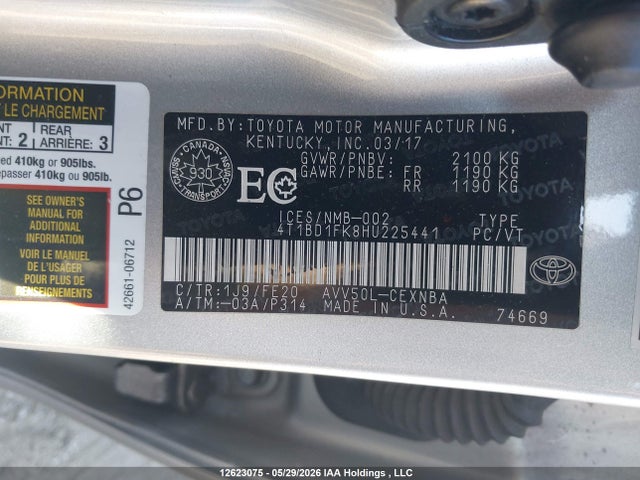 2017 Toyota Camry Hybrid/le/xle/se მანქანა იყიდება აუქციონზე, vin: 4T1BD1FK8HU225441, აუქციონის ნომერი: 12623075