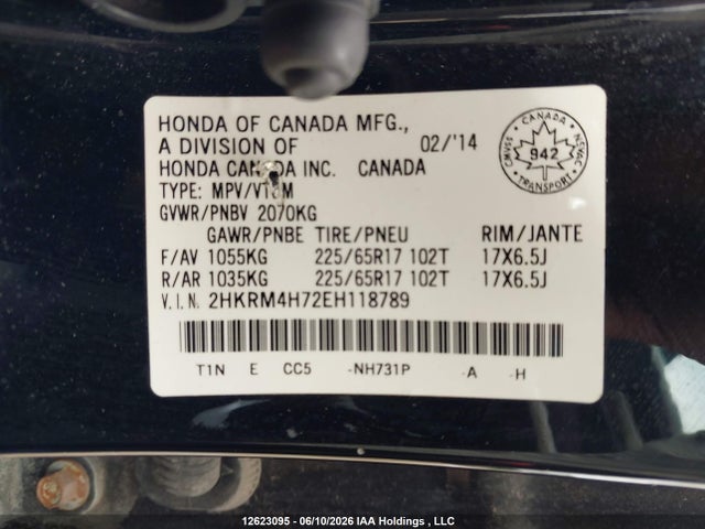 Aukcja sprzedaży 2014 Honda Cr-v Ex-l, vin: 2HKRM4H72EH118789, numer aukcji: 12623095